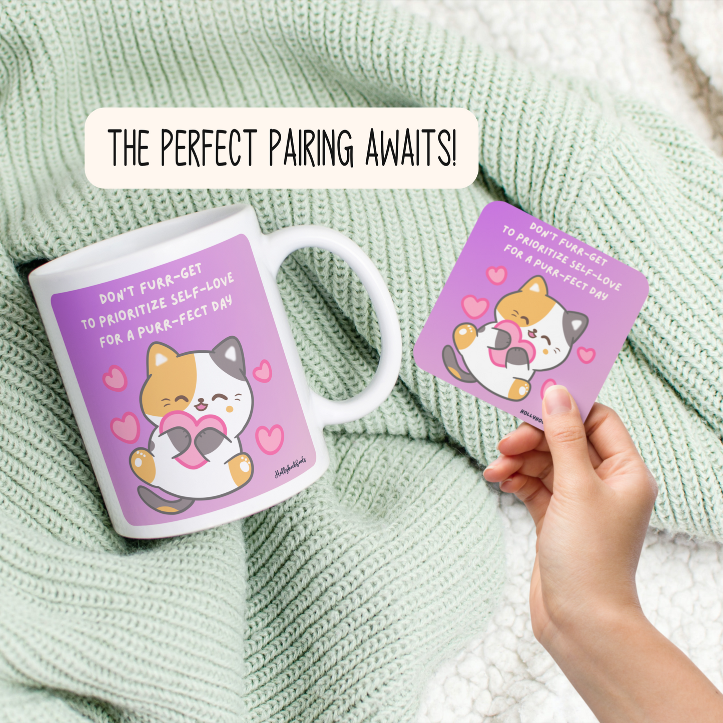 Ceramic mug and coaster_Motivational cat