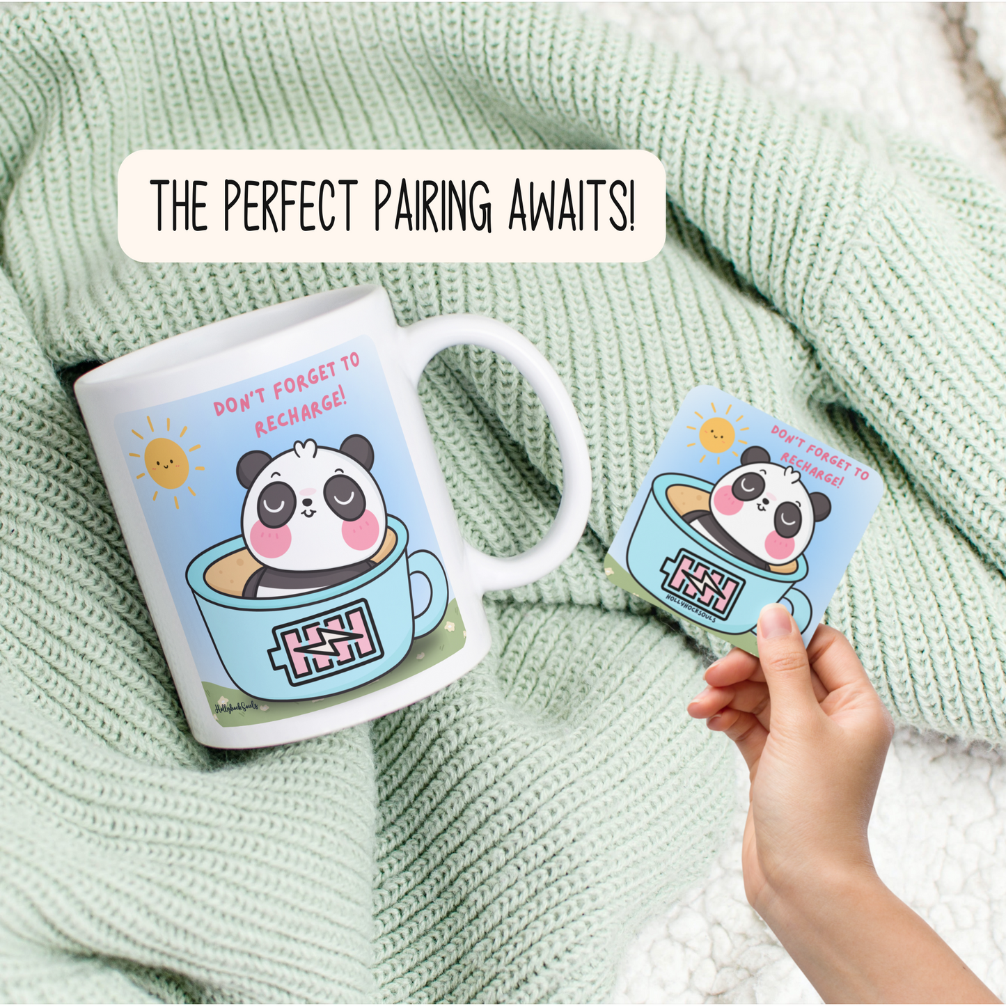 Ceramic mug and coaster_Cute Panda_Dont forget to Recharge