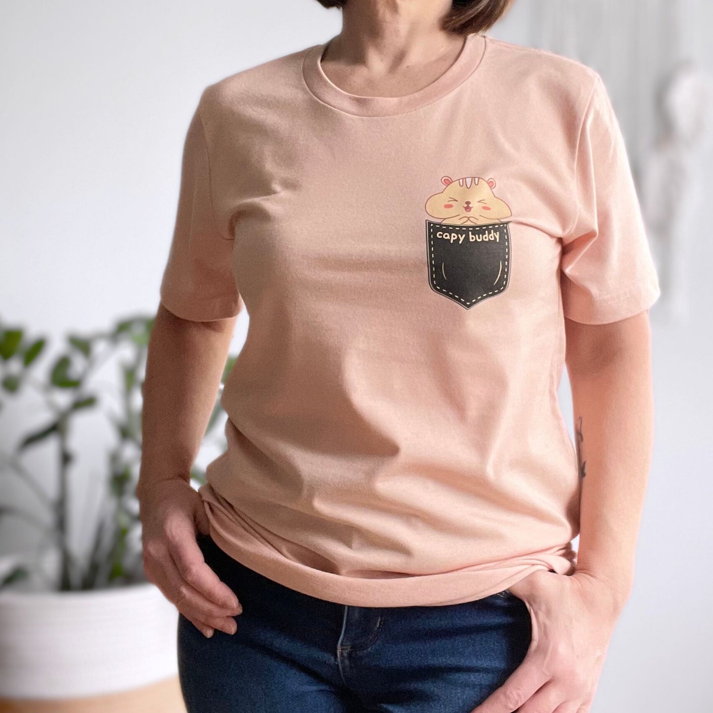 Capybara Tshirt with pocket emotional support "capy-buddy"